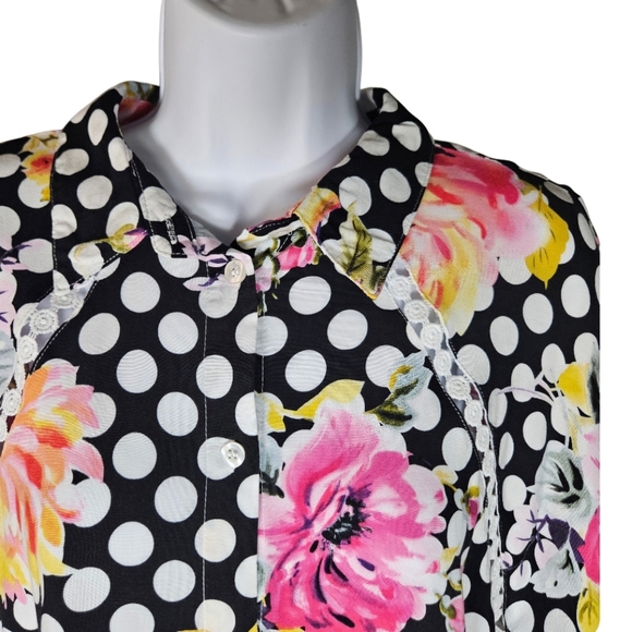 0029 Cirana Polka Dot Floral Lace Button Up Black White Pink Office Size Medium - Picture 3 of 14